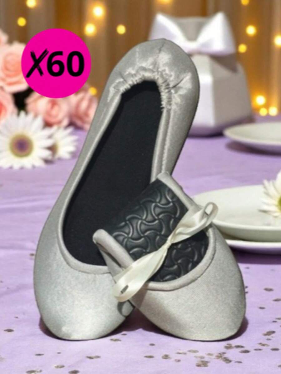 60 PARES/PAQUETE PANTUFLAS FOLDING FLATS "PLATA SATINADO" PARA BODA XV AÑOS EVENTOS RECUERDOS "FUERA TACONES BAILAR" SAT1 BASIC - Plateado - Ver 1