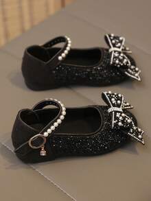 1 双加大码 2025 新款时尚百搭粉色女孩珍珠和水钻蝴蝶结装饰可爱平底鞋，圆头，适合日常穿着、跳舞、春秋季户外穿着，闪光装饰包头公主芭蕾平底鞋，尺码偏小半码 - 黑色 - 查看 7
