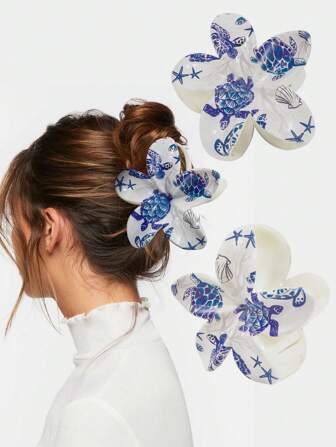 1pc Fashion Resin Flower Hair Claw Clip For Women, Elegant Unique Blue Sea Turtle/Starfish Print Hair Clip, Summer Beach & Marine Life Souvenir Gift Fashion Hair Accessories