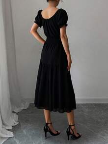 Liso    Bohemio  Elegante    Bajo con volante  Botón delantero  Botón    Playa    Verano - Negro - Ver 2