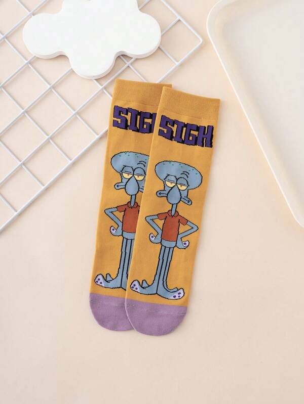 SPONGEBOB 1 Pair Unisex Funny Personalized Cartoon Cute Colorful Jacquard Octopus Pattern Straight Mid-Calf Socks, Sports Style, All Season, European & American Size, Comfortable Breathable Durable, Rich Colors, Suitable For Daily Wear, Premium Fabric, Non-Sweating