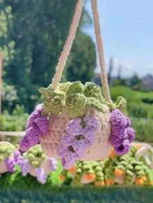 1pc Handmade Crocheted Hanging Succulent Planter, Car Rearview Mirror Hanging Decor With Green Plant - Purple - View 3