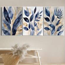 3pcs Frameless Canvas Blue Botanical Prints, Abstract Printed Wall Art, Modern Living Room Wall Decor, Blue Leaves Bedroom Posters, Hallway Prints, Modern Art Decoration,Home Decor Living Room,Wall Decor,Decoration Maison