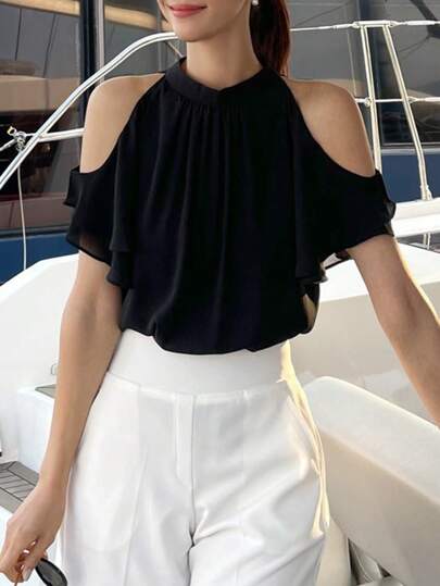 Casual Tie-Neck Short Sleeve Shirt For Women, Designed French Style Cold-Shoulder Top, Summer