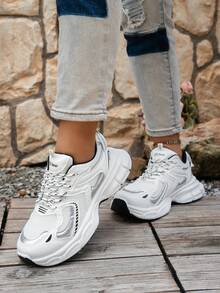 2025秋季2024春夏新款厚底厚实厚底运动鞋女透气网面跑步运动休闲鞋 - 白色 - 查看 3