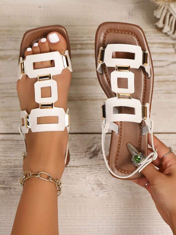 1 Paar geometrisches Muster Boho PU Leder Cut Out Quadratische Zehen Flache Sandalen, modische Lässig Strandpantoffeln für Urlaub, Hochzeit, Party, Zuhause, Büro, Sommer
