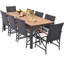 Set Of 9 Outdoor Dining Table W/ Acacia Wood Table & Cushions 1.9'' Umbrella Hole - Mix Brown and White - View 6