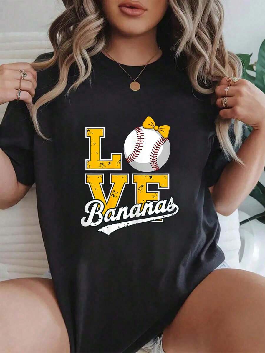 Vintage Banana Apparel For Men Women Kids Funny Tees Printed T-Shirt, Short-Sleeved Crew Neck Casual Top, Suitable For All Seasons, Women's Wear - màu đen - Xem 1