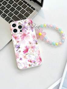 1 件白色 TPU 水彩 Ditsy 花卉图案防震手机壳和 1 件粉色串珠手链，兼容 15 Pro Max、A14、A54、A52、A31 4G、A23、Redmi Note 8 Pro、11 Pro 4G、12 4G、OPPO A54