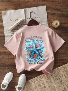 Tween Girls' Starfish Print Round Neck T-Shirt, Summer Top - Pink - View 1
