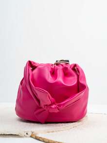 Knot Detail Drawstring Bucket Bag - Pink - View 1