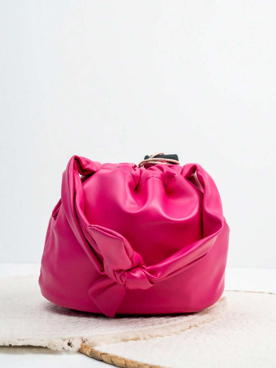 Knot Detail Drawstring Bucket Bag - Pink - View 1