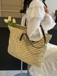 Bolso de paja minimalista y oversize, perfecto para vacaciones, verano, vacaciones, días festivos. Bolso de playa, necesidades y esenciales de playa, cosas de playa y esenciales de verano. El mejor bolso de mujer para la onda de playa, bolso de vacaciones para el verano