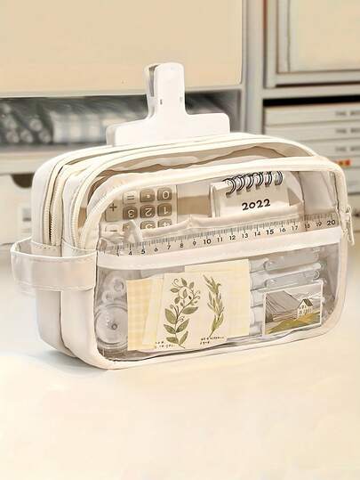 大容量PVC铅笔盒 - 透明多隔层收纳盒，带计算器、笔记本和笔 - 适合学校、办公室和旅行 - 是学生、专业人士、男士和女士的理想之选，学校文具收纳盒，功能齐全的收纳盒，拉链封口，不含配件的铅笔袋，返校季，学习用品，铅笔袋，书包