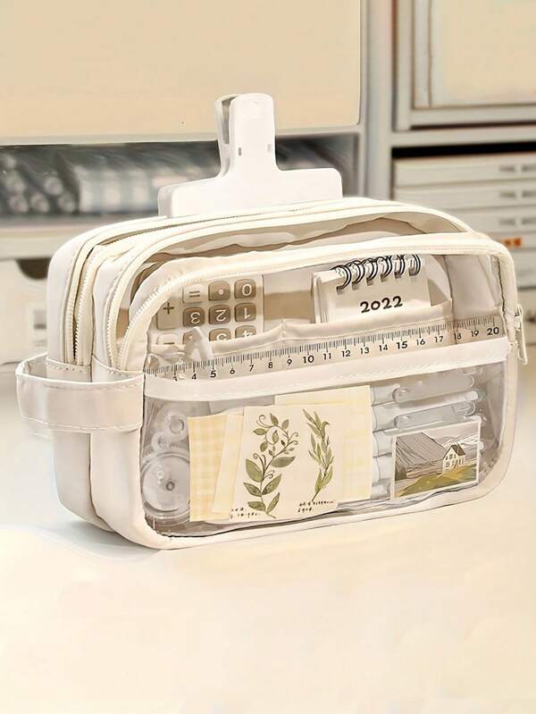 حقيبة أقلام كبيرة السعة من البي في سي - صندوق تخزين شفاف متعدد الأقسام، مع آلة حاسبة ودفتر وقلم - مناسبة للمدرسة والمكتب والسفر - مثالية للطلاب والمهنيين والرجال والنساء، صندوق تخزين القرطاسية المدرسية، صندوق تخزين وظيفي، إغلاق بسحاب، حقيبة أقلام بدون ملحقات، العودة إلى المدرسة، لوازم مدرسية، حقيبة أقلام، حقيبة مدرسية