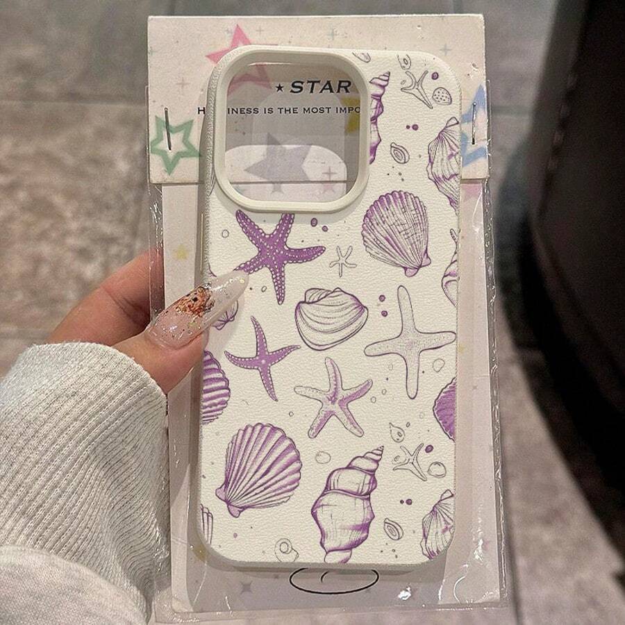 Ocean Elements Fashion 1pc TPU Material Elegant Purple Seashell & Starfish Retro Pattern Phone Case, Compatible With Apple/ Phones Spring Gift - White - View 1