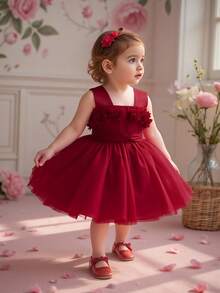 Baby Girls' Solid Color Mesh Sleeveless Wide Strap 3D Floral Elegantc Flower Girl Dress For Wedding Party, Headband Not Included - Burgundy - View 2