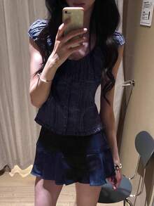 女士格子纽扣开衫，收腰设计，夏季新款韩版，显瘦度假风 - 藍色 - 查看 3