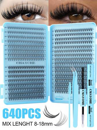 CMAYOME DIY Single Cluster Synthetic Eyelash Set 8-16mm 640 Sticks 10D+20D/30D+40D+50D Black Large-Capacity Clustered Artificial Eyelashes D-Shaped Curled Clustered Synthetic Eyelashes This Set Is Suitable For Home Use And Can Create Thick And Shiny Eyelashes. Large Cluster Artificial Eyelashes, D-Shaped Curled Synthetic Eyelashes, Suitable For Daily Life