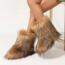 Botas de Cano Médio Antiderrapantes e Quentes para Inverno Femininas, Botas de Neve Fashion Vintage Personalizadas, Estilo Y2K em Falso Pelo de Vison/Raposa, Botas de Neve de Cano Médio com Plataforma Baixa, Botas de Inverno Felpudas e Peludas para Mulheres - Caramelo - Visão 4