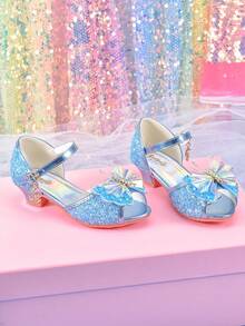 女童时尚蓝色蝴蝶结水晶高跟凉鞋，学生公主鞋