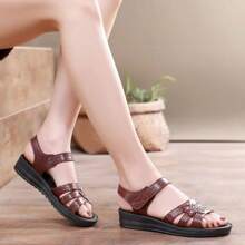 Women's Summer Sandals - Casual Solid Color, Breathable Hollow-Out Design, Hook And Loop Closure, Flat Heel Beach Shoes, Multi-Purpose Flat Sandals, Comfort Fit