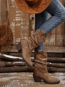 Bottes mi-mollet plissées rétro pour femmes à enfiler, bottines western cowgirl courtes