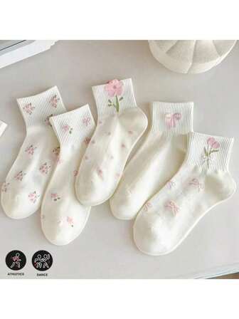 40 件/30 件/20 件/12 件/10 件/8 件/4 件/2 件白色和粉色花卉蝴蝶踝袜 - 柔软涤纶混纺，可机洗，可爱的春夏日常袜子，女性化设计，舒适贴合，适合日常穿着