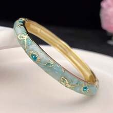 1 pieza Nuevo brazalete estilo bohemio de esmalte cloisonné con flores doradas, joya adecuada para mujeres y niñas - Pulsera cloisonné esmaltada con estampado floral - Ver 4