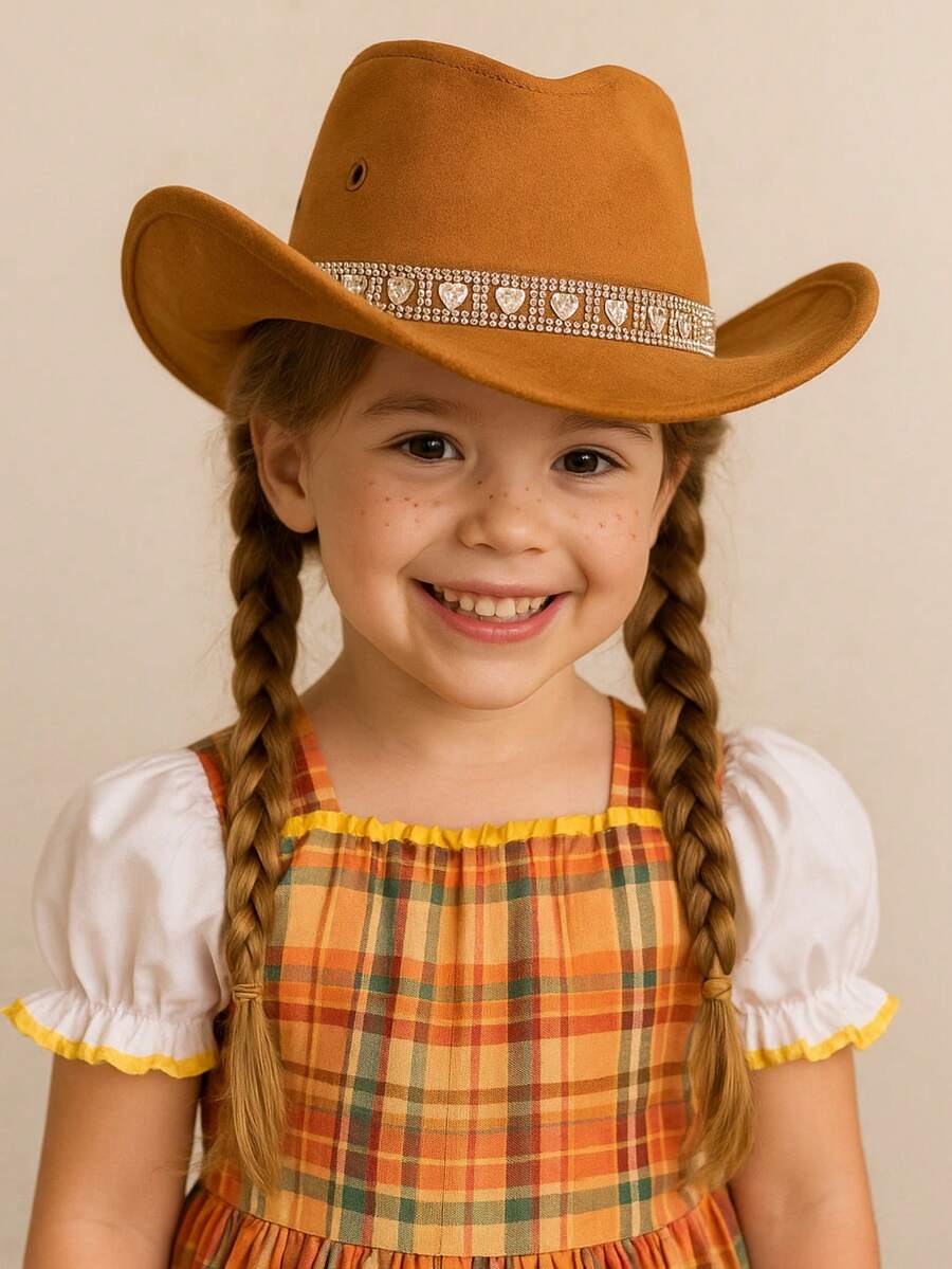 CHILDREN'S Suede Cowboy Hat With HEART BRILLIANT Band - 駝色 - 查看 1