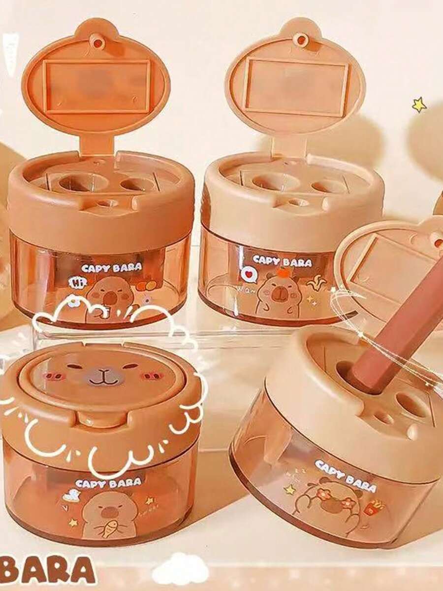 6件随机水豚双孔卷笔刀，卡通创意翻盖可爱迷你便携式学生铅笔刀