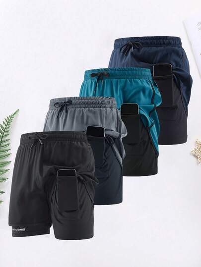 Herrbermudashorts, flerfärgade engångsförpackningar för sport, basket, pojkvänsstil, fitness, löpning, cykelshorts, inbyggd förvaringsficka för mobiltelefon, resår i midjan, lämplig för löpning, fitness, träning