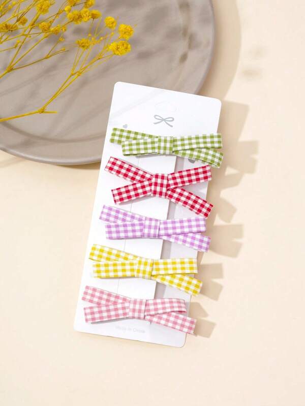 5pcs/Pack Cute & Simple Plaid Bowknot Hair Clips, Suitable For Daily Flyaway Hair, Hair Accessories For Girls, Claw Clips, Hair Slide, Hair Claws