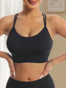 1件无缝高弹交叉运动文胸，适合瑜伽、跑步、健身，优雅纯色瑜伽配饰，时尚运动服，耐穿运动服，女士内衣 - 黑色 - 查看 3