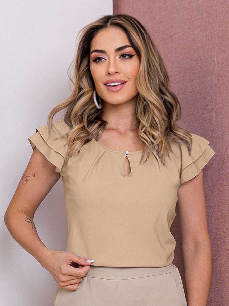 MARILYN MONNA Blusa Feminina Babado com botao manga curta Regata moda verão camiseta