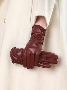 1 Pair Elegant Casual PU Leather Full Finger Touchscreen Gloves For Women, Faux Leather Warm Lining, Fashion Windproof Waterproof Outdoor Cycling Gloves