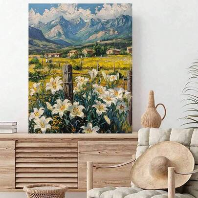 Digital Oil Painting Kit For Adults, 40*50cm With Paint And Brush, Perfect For Stress Relief, Number Painting, Handmade Numbered Painting, Lily Flower Landscape Design, Room Wall Decor Craft, Mural, Beginner Painting, Ideal Gift For Friends (Frameless)