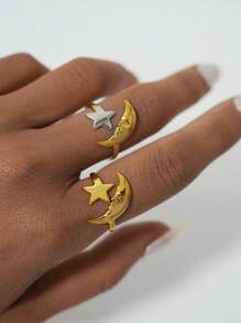 1pc/2pcs Retro Moon Star Open 18k Gold Plated Stainless Steel Ring Women Men Punk Fashion New Gold And Silver Geometric Knuckle Ring Set Jewelry Gift