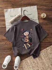 Tween 女童休闲图案印花圆领短袖 T 恤，夏季上衣 - 深灰色 - 查看 1