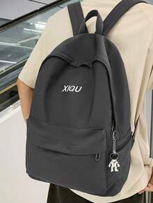 Mochila de gran capacidad de unicolor con colgante, mochila escolar, esenciales para volver a la escuela - Gris - Ver 2