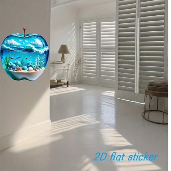 1pc Contemporary 2D Apple & Ocean Wall Sticker, Fantasy Animal Print, Glossy, Non-Adhesive PVC Decal, Ideal For Bathroom, Living Room, No Electricity Required, Perfect For Valentine's Day, Easter, Christmas, Bathroom Decoration