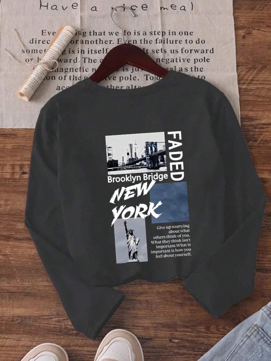 Tween Boy 图案印花圆领长袖 T 恤，秋冬上衣 - 深灰色 - 查看 1