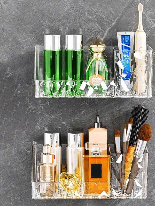 2 Stücke/1 Stück Badezimmerregal, Kosmetikaufbewahrungsbox, wandmontiertes Regal, bohrlochfreies Regal, wandmontierte Aufbewahrungsablage, transparentes Regal, minimalistisches Regal, platzsparendes Regal, Hautpflegeaufbewahrungsregal, Waschtischregal, Wohnzimmerregal, wasserbeständiges und feuchtigkeitsbeständiges Regal, nichtzerstörerisches Wandregal, Ablagewasserregal, minimalistischer Make-up-Aufbewahrungskasten