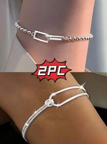 Conjunto de 2 piezas de pulsera elegante y geométrica simple para mujeres. Pulsera de plata de ley, cómoda de llevar, diseño retro y sexy, adecuada para uso diario y de fiesta, es un regalo de cumpleaños para mujeres fashionistas.