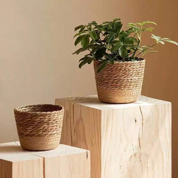 1pc European Style Natural Seaweed Woven Flowerpot, Rattan Woven Plant, Green Plant, Bridesmaid Home Decoration Flower Basket, Storage Basket Suitable For Living Room, Bedroom, Garden, Natural Materials, Fresh And Elegant