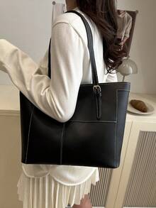 Simple Solid Color Chic Luxury PU Leather Tote Bag, Fashionable Niche Design - Black - View 5