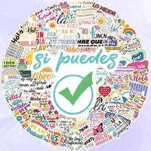 50PCS Spanish Phrases Cartoon Doodle Waterproof PVC Stickers, Asymmetrical Shape Matte Finish Self-Adhesive, Disposable, Suitable For Luggage, Skateboard, Guitar, Water Bottle - Iberian Theme Decal School Supplies,Back To School