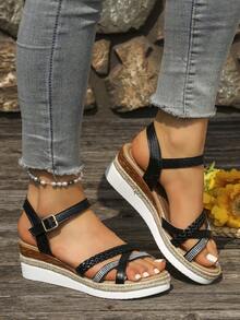Aijiangluo Giày sandal nữ màu đen thời trang mới, nhẹ, đa năng, đính đá lấp lánh, hở mũi, đế dày, kiểu dáng nghỉ hè, quai đan, đế xuồng, thích hợp cho hẹn hò, mua sắm, đi làm, dự tiệc, đi biển. - màu đen - Xem 3
