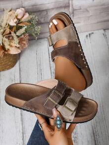 可调节扣环一脚蹬拖鞋，铆钉装饰，休闲时尚，室内/室外，平底凉鞋，拼色，适合青少年，男女通用，女士，新品，户外，运动，沙滩鞋，软底和鞋面，情侣，豹纹，派对，办公室，轻便，优雅，简约，舒适，休闲，派对，日常，旅行，婚礼，露营，骄傲，夏秋必备，礼物，性感，户外，复古设计 - 卡其灰 - 查看 5