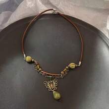 Vintage Brown Natural Stone Pendant Necklace For Women Fashion Geometric Long Leather Rope Necklace Sweater Chain Jewelry Gifts - Multicolor - View 3